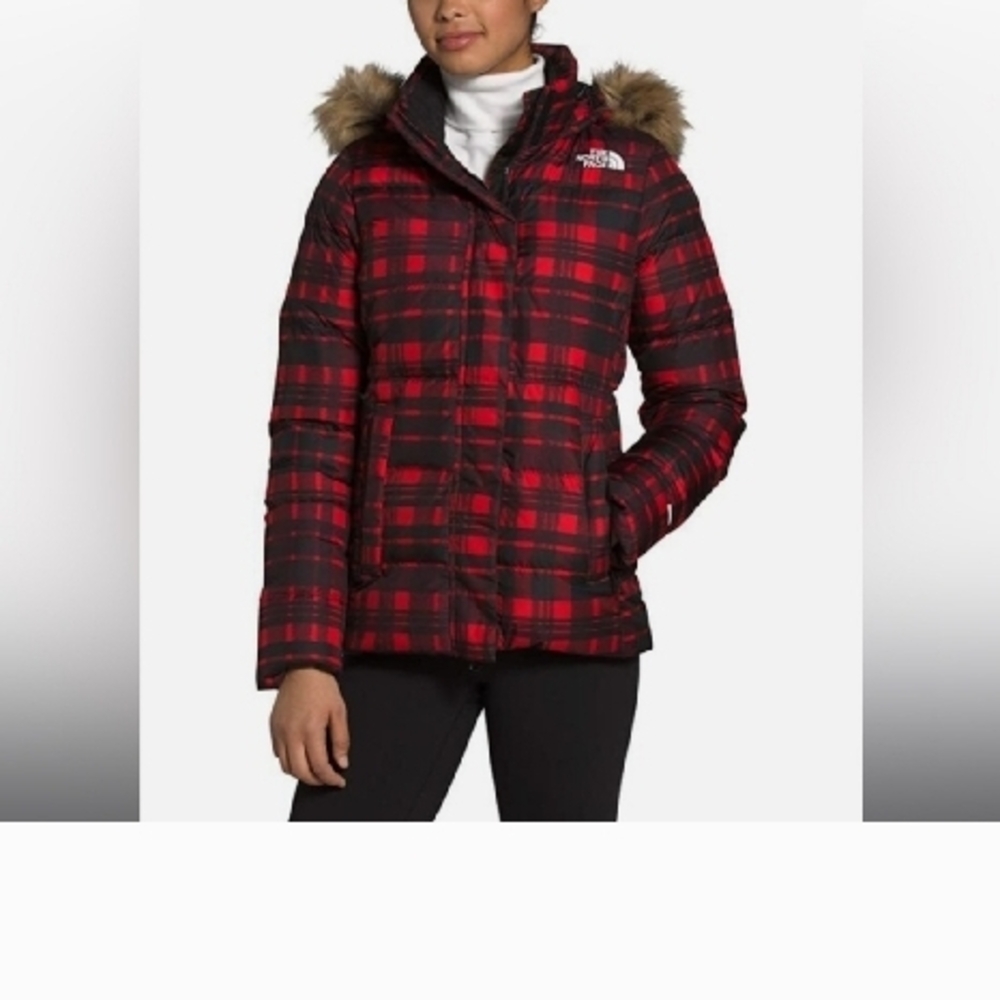 The North Face Gotham Red Plaid Puffer Jacket With Faux Fur Hooded Trim Large